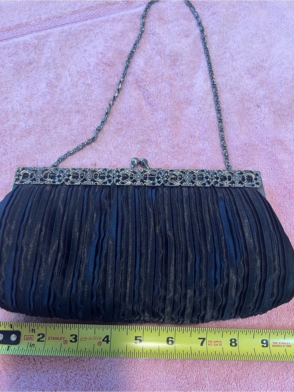 Black Pleated Evening Clutch with Decorative Silver Frame
